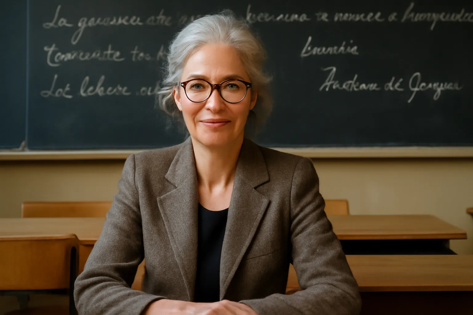 Portrait d'Hélène Duchâteau, professeure de littérature, bibliothèque en arrière-plan