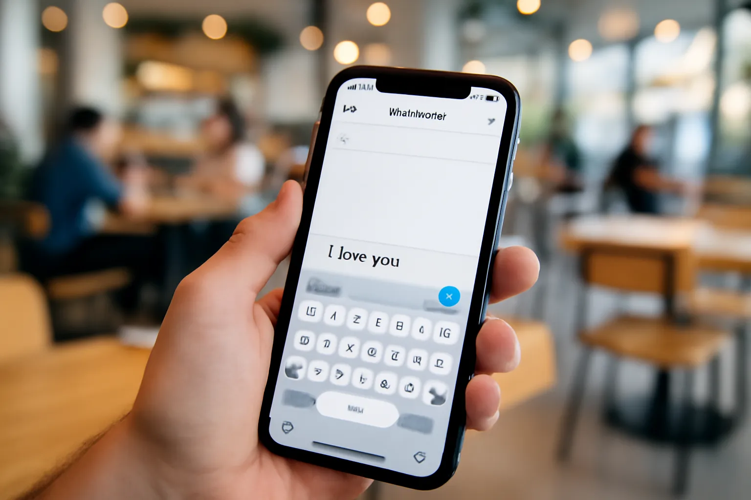 Smartphone affichant un message romantique manuscrit stylisé, ambiance moderne et chaleureuse