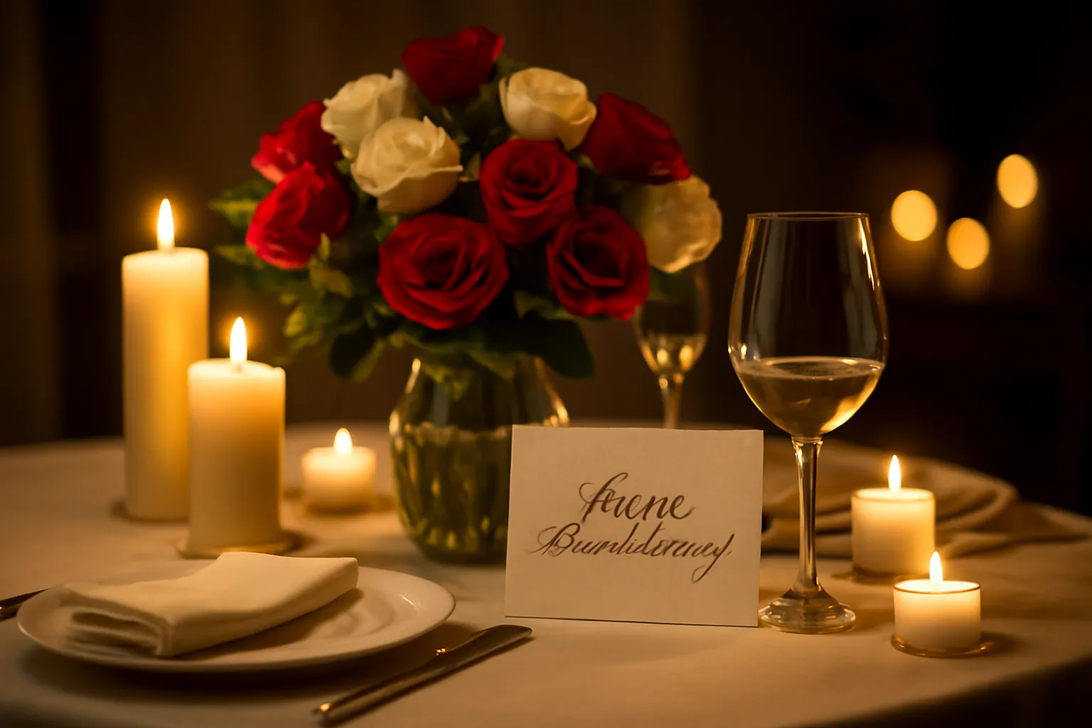 Couple célébrant un anniversaire de relation, table dressée avec bougies et fleurs